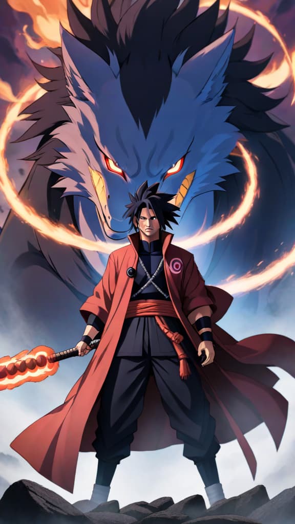  madara uchiha from naruto standing powerfully with rinnegan and susanoo in anime art hyperrealistic, full body, detailed clothing, highly detailed, cinematic lighting, stunningly beautiful, intricate, sharp focus, f/1. 8, 85mm, (centered image composition), (professionally color graded), ((bright soft diffused light)), volumetric fog, trending on instagram, trending on tumblr, HDR 4K, 8K