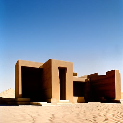 dvarchmodern an ancient temple in the desert with beautiful ancient architecture, near which lie the wreckage of robots absorbed by sand. sunset style lighting, geometric , structural , aesthetic , by julius shulman, andreas gursky, iwan baan, berenice abbott, hiroshi sugimoto