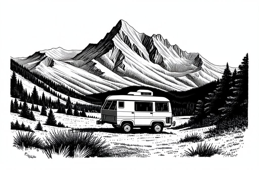  contour, very simple image in one unbroken black ink line, single line of camper van parked in landscape of rough rocky mountains with uneven peaks, engraving black and white illustration on white background ar 3:2 using a single continuous black line ink brushon white background, drawing should be created without lifting the pen, recognizable features of camper van parked in landscape of rough rocky mountains with uneven peaks, engraving black and white illustration on white background ar 3:2 in one unbroken line