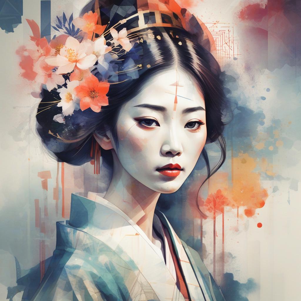  create a double exposure portrait of a japanese courtesan that blends abstract, artistic textures, such as splashes of watercolor and light effects, with sharp geometric shapes and lines. the portrait should capture the essence of the woman's personality, adding a dreamy or mysterious feel through the use of abstract patterns, and adding a modern, stylish look through the use of geometric shapes overlapping or merging with his form. there can be flowers on top of geometric lines. the combination of these elements should symbolize the multifaceted nature of the human spirit and the intersection of tradition and modernity, and should evoke a sense of complexity and depth.