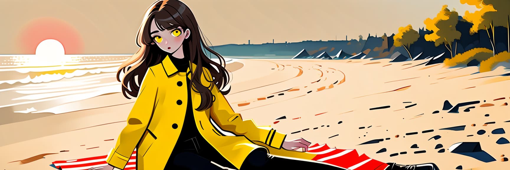  constructivist style the girl is sitting on a chair on the beach. she has long dark brown hair, which gently falls on her shoulders, and his face, with jewish and slavic features, exudes calmness with brown eyes. she is dressed in a bright yellow coat that immediately attracts attention and contrasts with the surrounding landscape. under the coat is a black shirt, and black pants are additionally decorated with yellow elements, creating a harmonious and stylish image. the sun sets over the horizon, shrouding everything around in red shades, and bright red stripes lie on the surroundings contrasting with the darkness and creating a magical atmosphere. . geometric shapes, bold colors, dynamic composition, propaganda art style