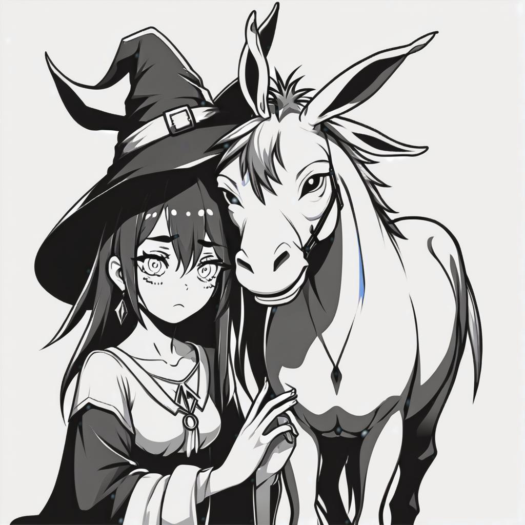  line art drawing witch and sad donkey, same nightmare. anime style . professional, sleek, modern, minimalist, graphic, line art, vector graphics