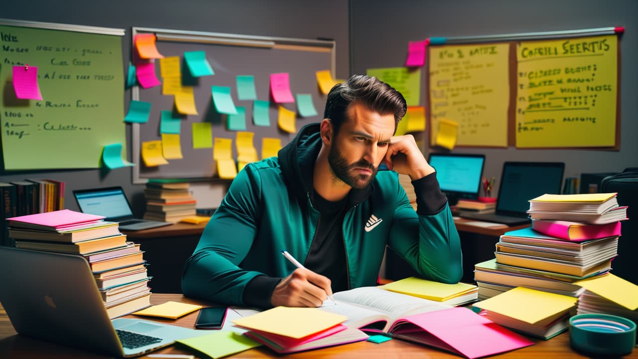  a cluttered desk with a laptop displaying stock charts, notebooks filled with handwritten notes, a steaming coffee mug, and a frustrated beginner looking at the screen, surrounded by colorful sticky notes and financial books. hyperrealistic, full body, detailed clothing, highly detailed, cinematic lighting, stunningly beautiful, intricate, sharp focus, f/1. 8, 85mm, (centered image composition), (professionally color graded), ((bright soft diffused light)), volumetric fog, trending on instagram, trending on tumblr, HDR 4K, 8K