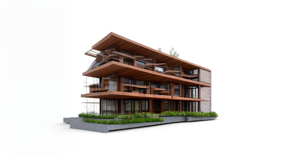 mdjrny-v4 style architectural, high quality, exterior perspective, 3 story mixed wood and steel office building, organic exterior