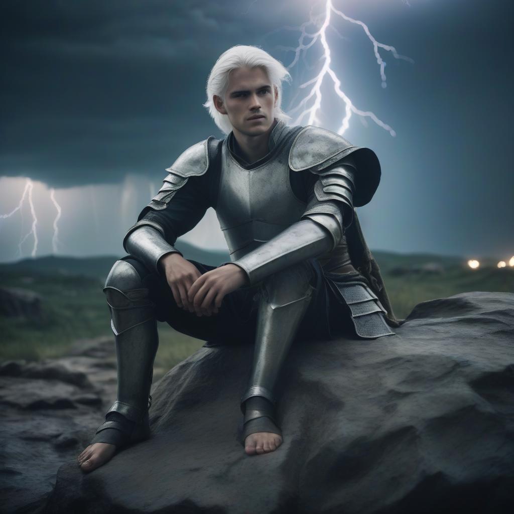  cinematic film still a young man with white hair and barefoot sits on a rock in heavy armor amid lightning . shallow depth of field, vignette, highly detailed, high budget, bokeh, cinemascope, moody, epic, gorgeous, film grain, grainy