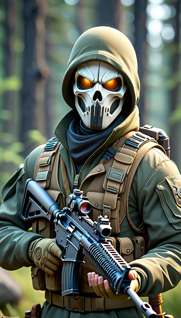  professional 3d model of call of duty ghost . rendered with octane, the model is highly detailed,dramatic lighting. hyperrealistic, full body, detailed clothing, highly detailed, cinematic lighting, stunningly beautiful, intricate, sharp focus, f/1. 8, 85mm, (centered image composition), (professionally color graded), ((bright soft diffused light)), volumetric fog, trending on instagram, trending on tumblr, HDR 4K, 8K