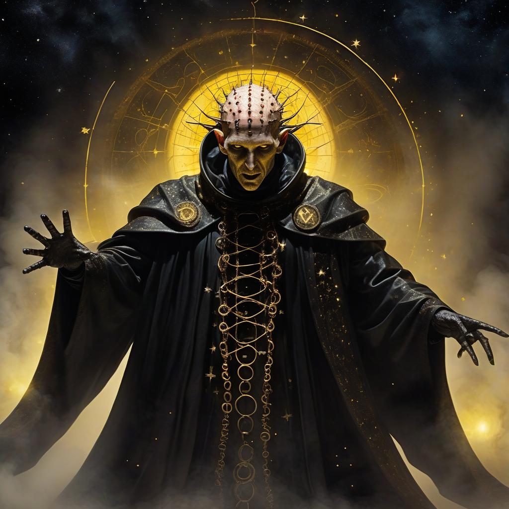  space themed hellraiser in a priest's robe in sticky shiny mucus bent down in the fog and the light of yellow lights smoke red sparks spikes horror lovecraft tentacles necronomicon and rings of slurry . cosmic, celestial, stars, galaxies, nebulas, planets, science fiction, highly detailed