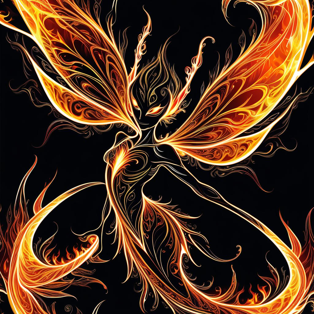  thin, fine fractal gloss vivid fire line ink sketch on the black background, (silhouette of fire pixie:1.3), fire contours outlines, fire outline, fire pixie with fire wings,