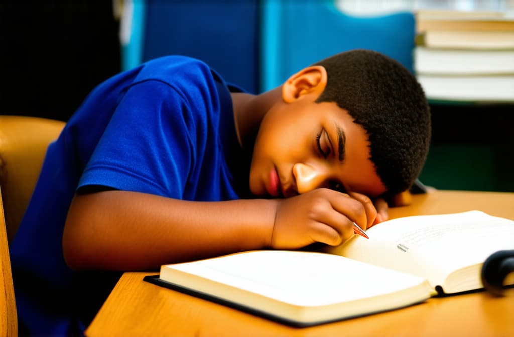  a school age child is sitting at home at a desk doing his homework, tired and falling asleep with his head on the desk. {prompt}, maximum details