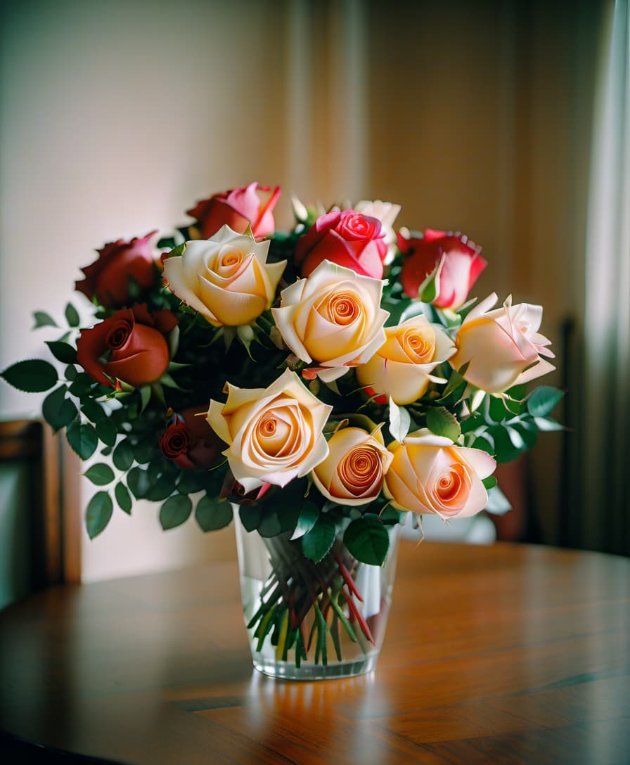  roses in a bouquet on the table, film photography style