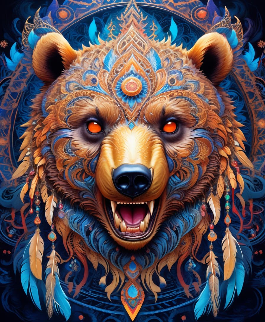  abstract expressionist painting masterpiece, hdr 8k, digital image. conceptual art. (a bear with a bared mouth full of sharp fangs, appearing in ancient russian ethnic ornaments that make up a symmetrical mandala consisting of an endless forest, a wide flowing river and majestic mountains, the mandala is decorated with a fantastic ice pattern). abstract elements: crystals, beads, feathers. the effect of dissolving the natural shades of fur in sky waves. filigree finishes, mysterious neon glowing accents, intricate. stylization. neo rococo style. stylish, dynamic, atmospheric. high detail. high quality. hdr. . energetic brushwork, bold colors, abstract forms, expressive, emotional, perfecteyes, hkmagic