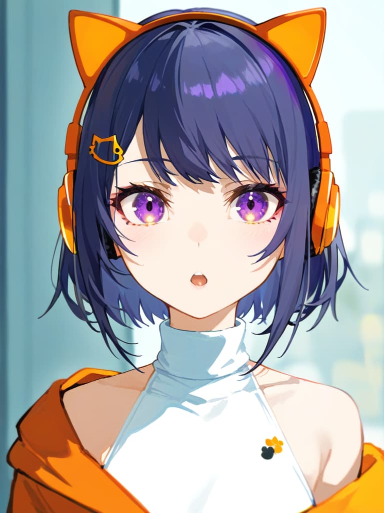  (cat ear headphones: 1.2), open mouth, best quality, close up, from front, medium hair, (purple eyes: 1.2) (orange overside jacket: 1.1) , (shoulder gap: 1.2), (white turtleneck: 1.1), (hair pin: 1.3)