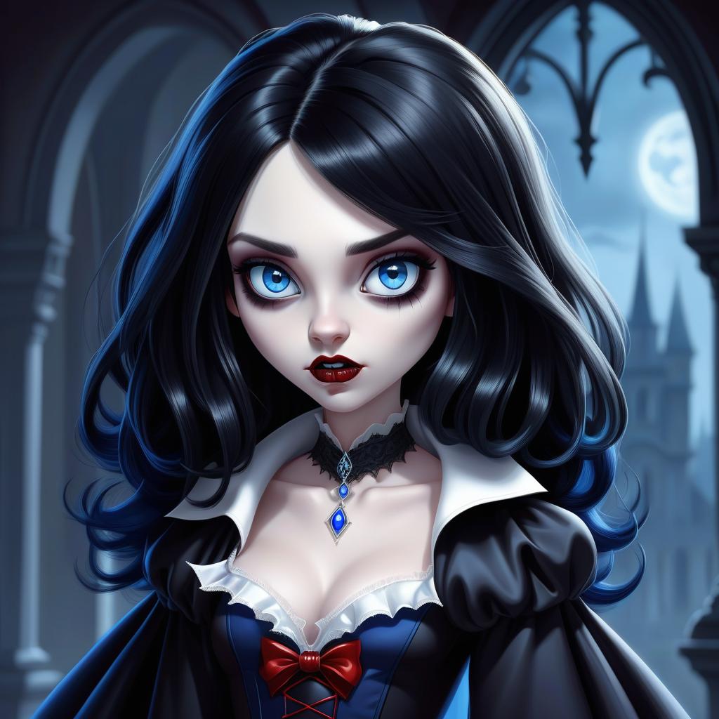  cartoon, girl, vampire, black hair of medium length, one strand of hair white, blue eyes, kind look.