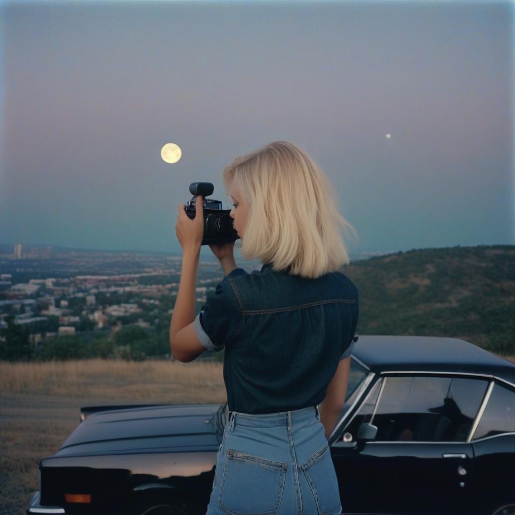  analog film photo a platinum blonde girl takes pictures on a polaroid in a black shirt, next to a guy there is a blonde in a denim shirt, a black car, a view from the hill, in the background the city, the time of dusk, a full light moon, the style of the 80 90s. . faded film, desaturated, 35mm photo, grainy, vignette, vintage, kodachrome, lomography, stained, highly detailed, found footage