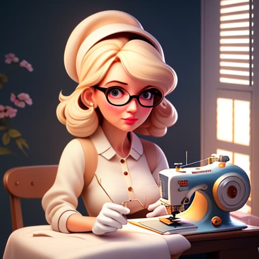  A girl with light beige hair wearing casual clothes sews fabric on a sewing machine, in a Disney cartoon style., expressive, personal, creative, by Annie Leibovitz, Cindy Sherman, Richard Avedon, Yousuf Karsh, Vivian Maier hyperrealistic, full body, detailed clothing, highly detailed, cinematic lighting, stunningly beautiful, intricate, sharp focus, f/1. 8, 85mm, (centered image composition), (professionally color graded), ((bright soft diffused light)), volumetric fog, trending on instagram, trending on tumblr, HDR 4K, 8K