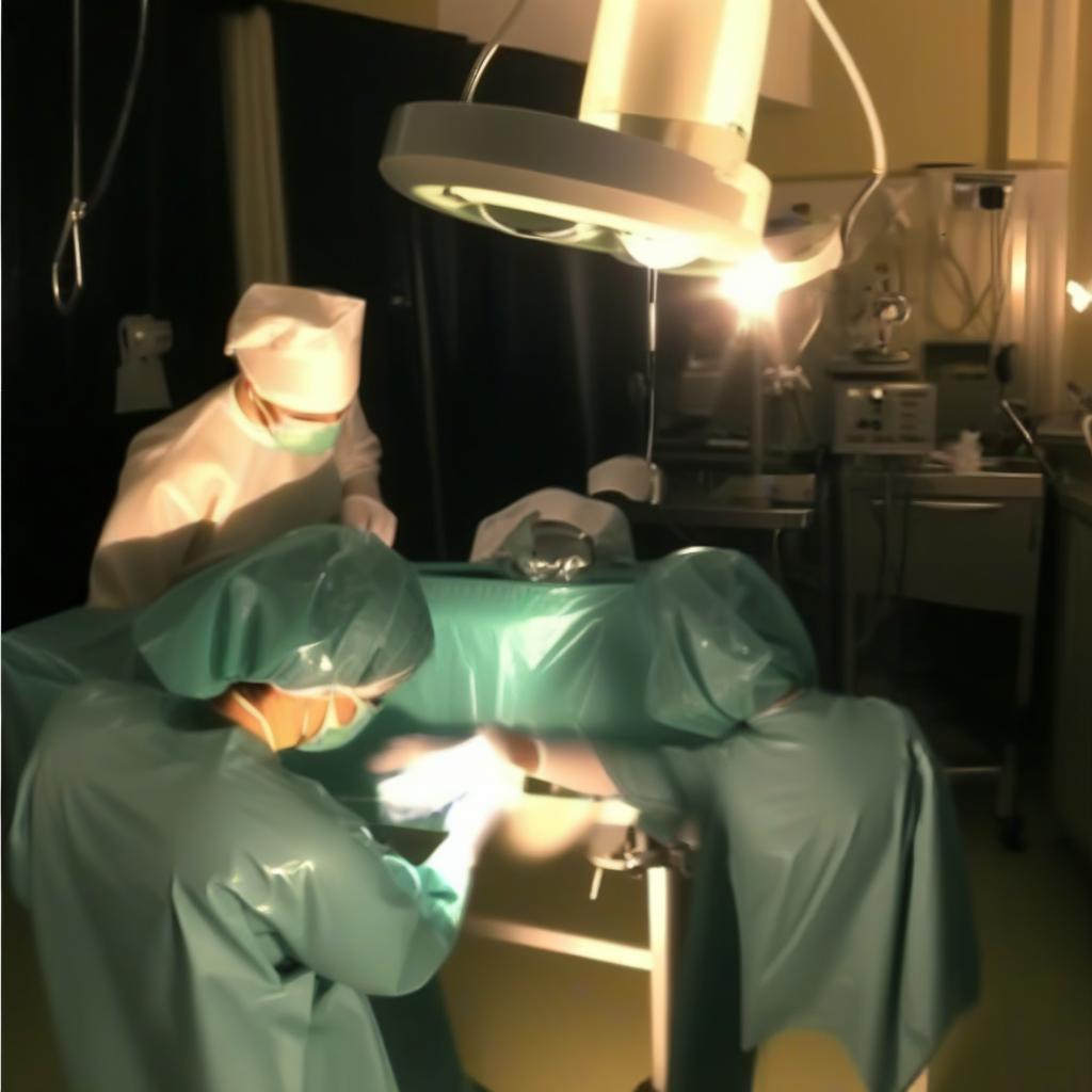  women surgeons mistresses, dressing glossy latex dark green, surgical operation, up ceiling mounted surgical light, down table with surgical instruments