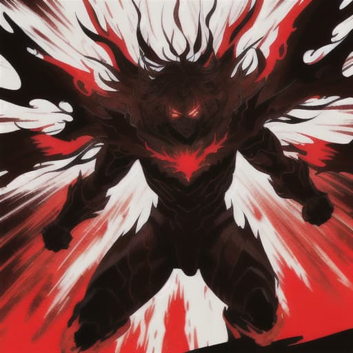  Red colors, Dark silhouette of a powerful figure with glowing white eyes, surrounded by intense red and black flames, anime style, high contrast, dramatic lighting, dynamic action pose