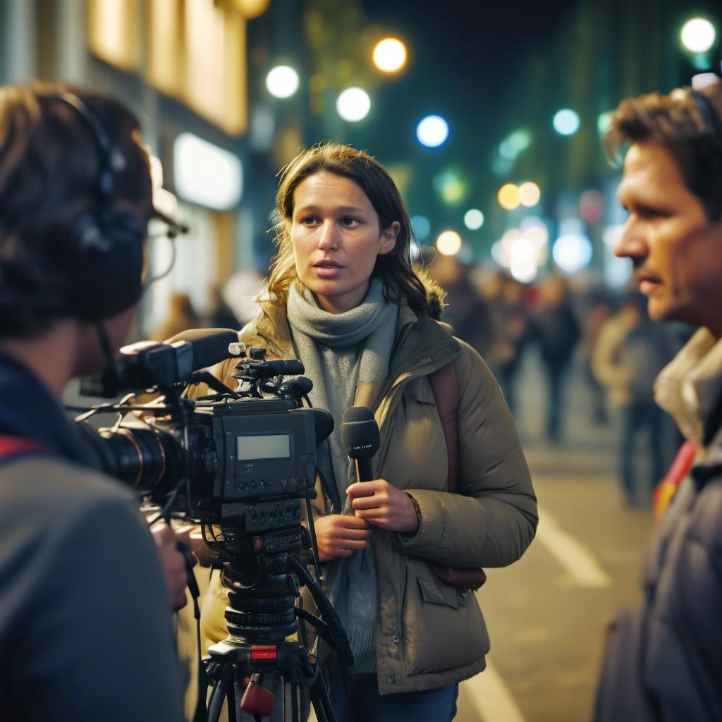  cinematic film still journalist takes interview on the street . shallow depth of field, vignette, highly detailed, high budget, bokeh, cinemascope, moody, epic, gorgeous, film grain, grainy, film photography style