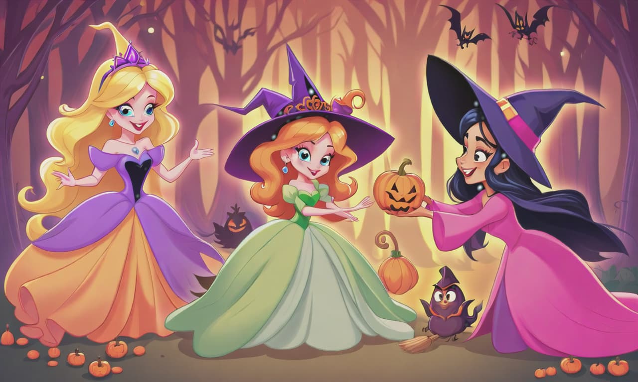  cartoon princesses playing with witches