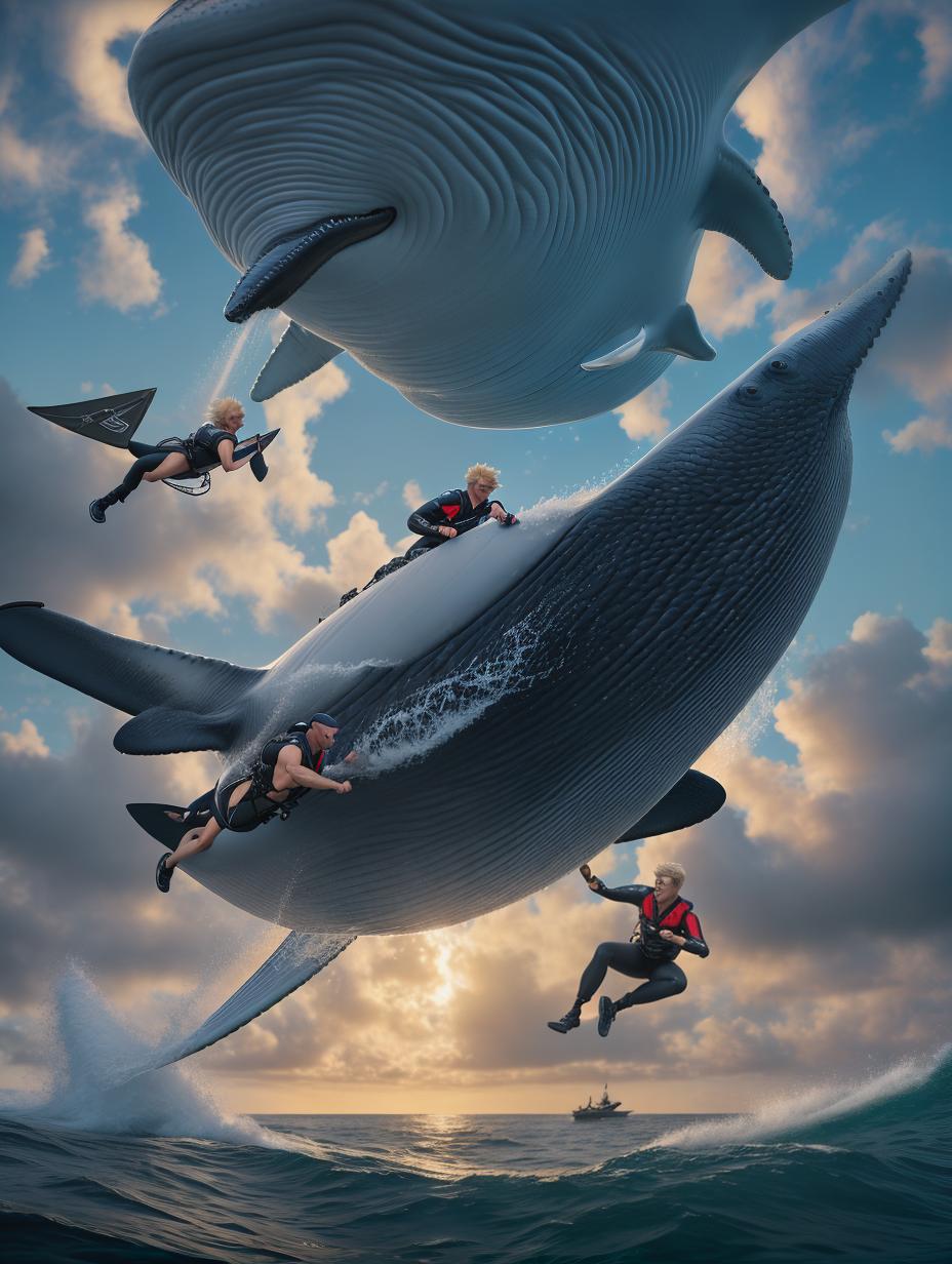  create a hyper realistic image of a flying whale with a blond haired boy riding on its back. they are surfing over a turbulent sea. focus on their faces in the foreground." hyperrealistic, full body, detailed clothing, highly detailed, cinematic lighting, stunningly beautiful, intricate, sharp focus, f/1. 8, 85mm, (centered image composition), (professionally color graded), ((bright soft diffused light)), volumetric fog, trending on instagram, trending on tumblr, HDR 4K, 8K