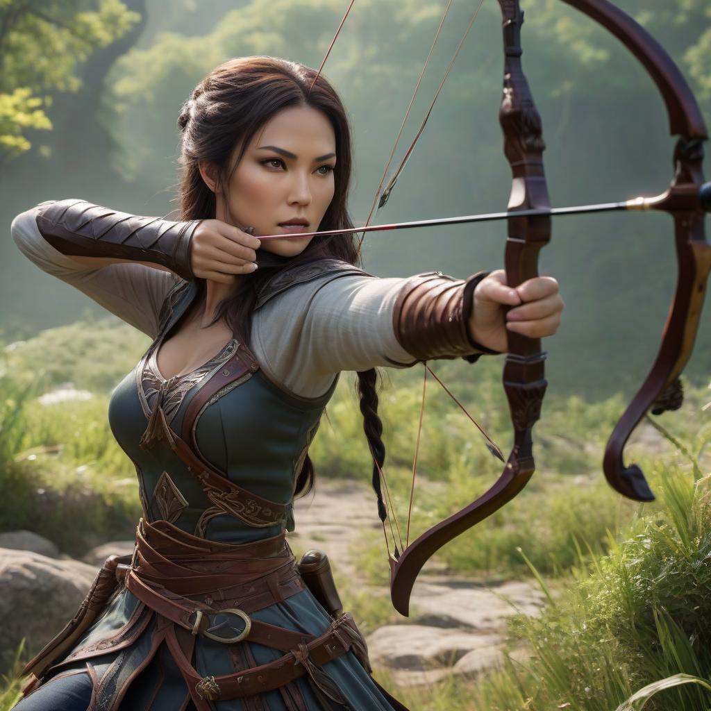  fighting game style dungeon and dragons, a woman archer with a bow, shoots a arrow from the bow, arrows back into a woman, in an open field . dynamic, vibrant, action packed, detailed character design, reminiscent of fighting video games, hkmagic hyperrealistic, full body, detailed clothing, highly detailed, cinematic lighting, stunningly beautiful, intricate, sharp focus, f/1. 8, 85mm, (centered image composition), (professionally color graded), ((bright soft diffused light)), volumetric fog, trending on instagram, trending on tumblr, HDR 4K, 8K