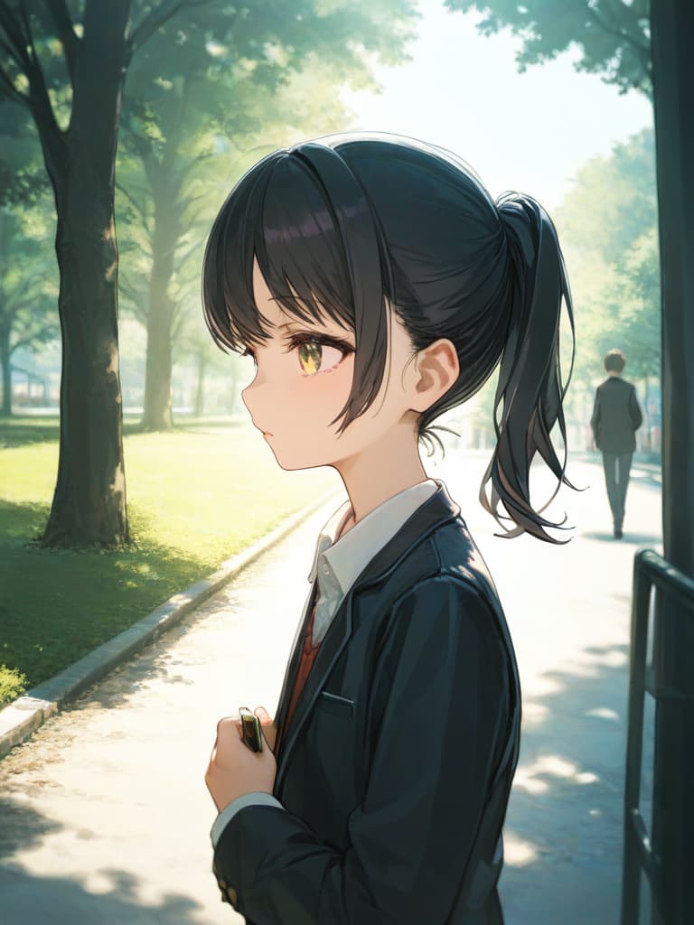  boys who became girls, first graders in junior high school, black hair ponytail, plain clothes, best friends, first graders, plain clothes, waiting in the park, masterpiece, best quality,8k,ultra detailed,high resolution,an extremely delicate and beautiful,hyper detail