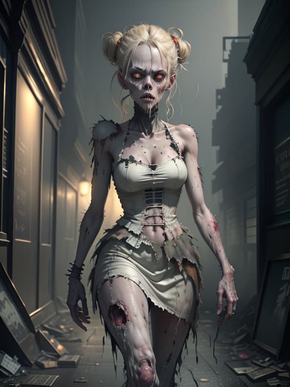  master piece, best quality, ultra detailed, highres, 4k.8k, blonde female zombie, walking towards the viewer, with an eerie elegance, haunting gaze, break survival horror illustration, desolated city street, broken storefront windows, abandoned vehicles, scattered debris, break post apocalyptic and eerie, dim lighting, fog, and a sense of decay, zomb00d