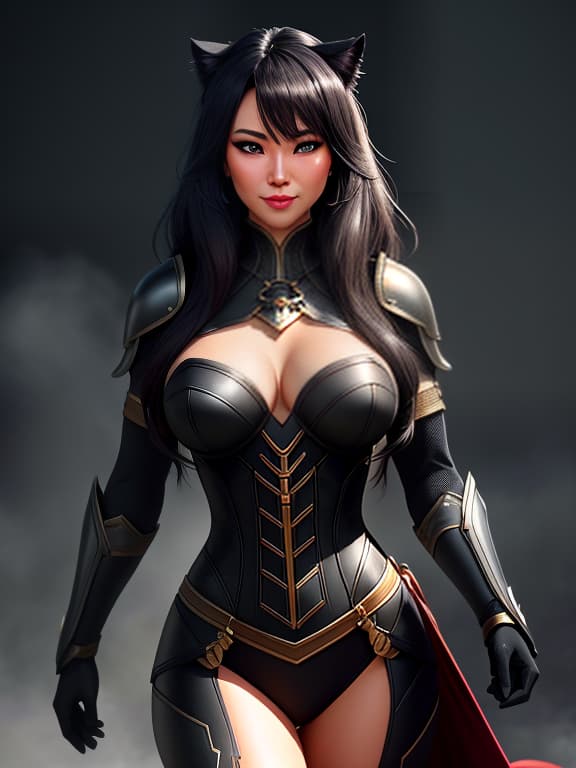  a cute schief woman (semi lived, panther), low growth, wheat, practically black, hair that pops into a tight, fat coin. the skin is marked with a soft, dark, smooth hair. there's a bit of a spit, like a cat, nose. she's wearing a leather armor. strict, bright, express chest. eyes of green colour, cunning, even with notes of disgrace. on your lips, playing smile hyperrealistic, full body, detailed clothing, highly detailed, cinematic lighting, stunningly beautiful, intricate, sharp focus, f/1. 8, 85mm, (centered image composition), (professionally color graded), ((bright soft diffused light)), volumetric fog, trending on instagram, trending on tumblr, HDR 4K, 8K