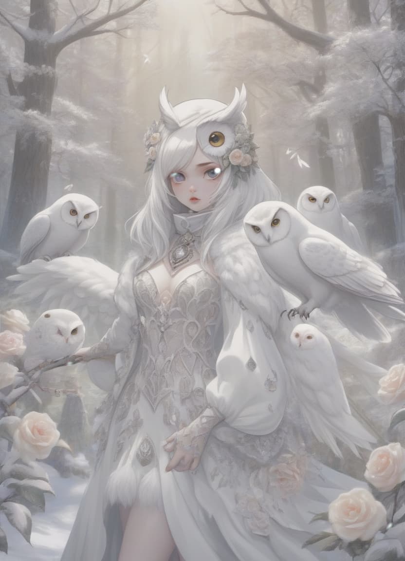  very beautiful girl and white owl, huge eyes, plump lips, transparent outfit of scales, flowers, feathers of mysticism, fantasy, fabulous forest, soft light, glitter, beautiful, 5d, realistic, 128k, high resolution, high detail, hyperrealism, 300dpi, highly detailed digital painting, gothic art, horror realistic, f/19, 1/400s, muted lighting, sparkling snow, psychedelic, hyperrealistic