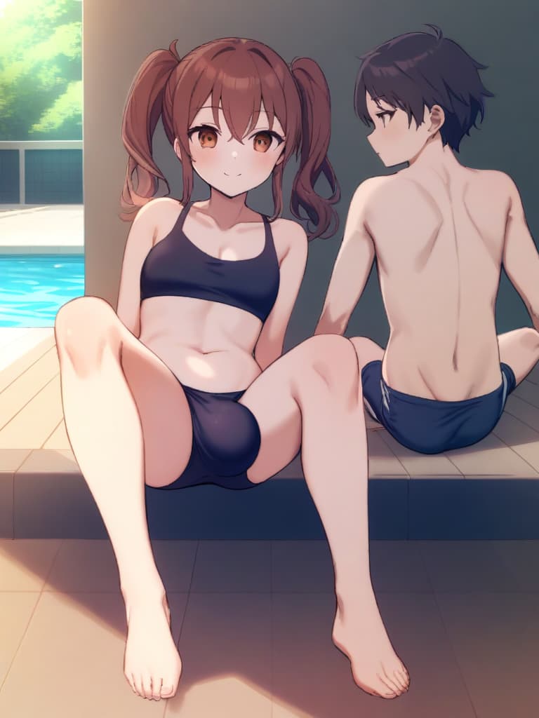  women's elementary students (male), twin tails, cute smiles, (rich s), low stature, dark blue swimwear, old swimwear, , simple (upward), male , (bulge), shaped clear , front , whole body, pool side,