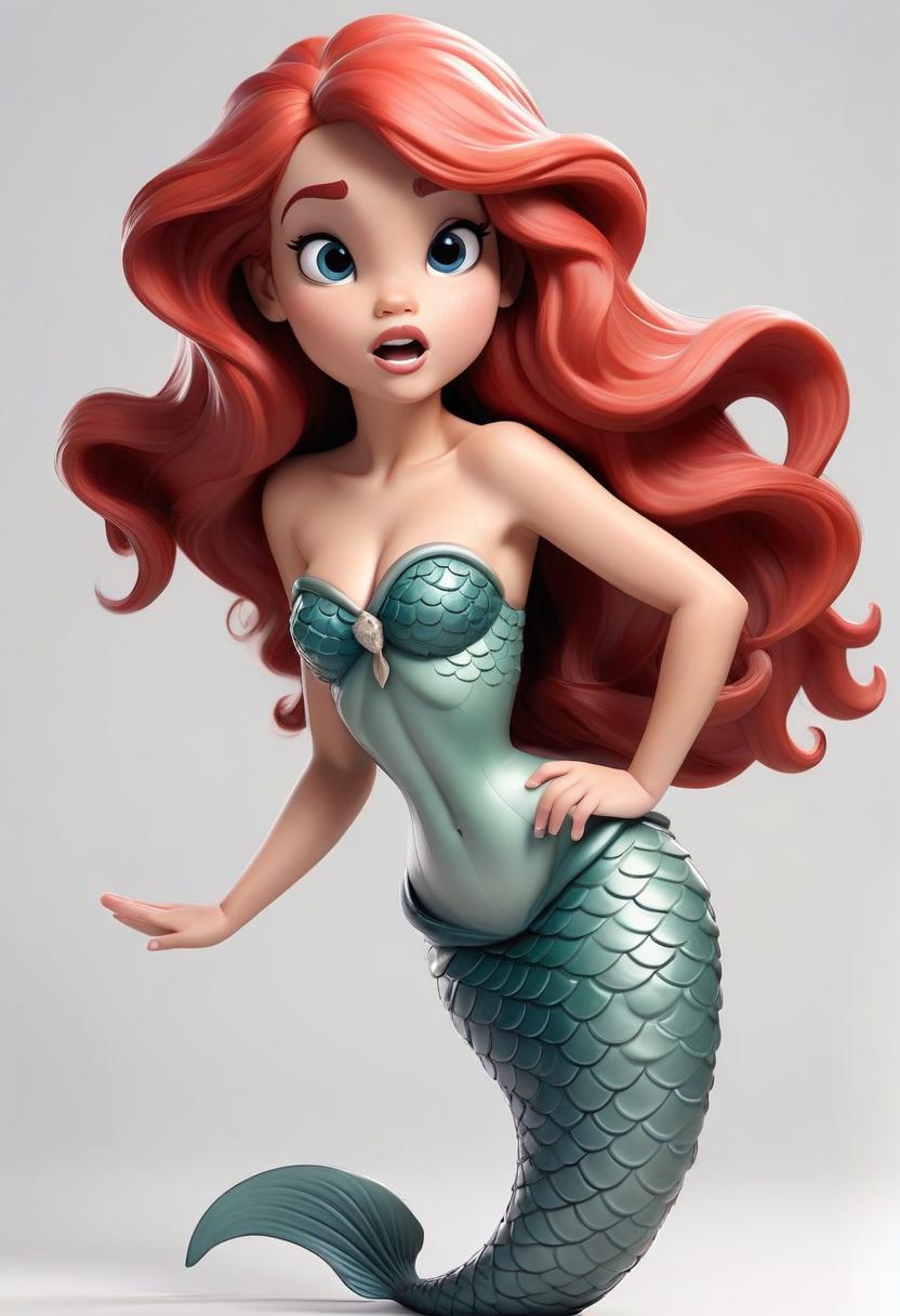  little mermaid siren girl in full height. singing. nice face, plump cheeks, plump lips, eyes looking to the side or closed. fish tail. white background.