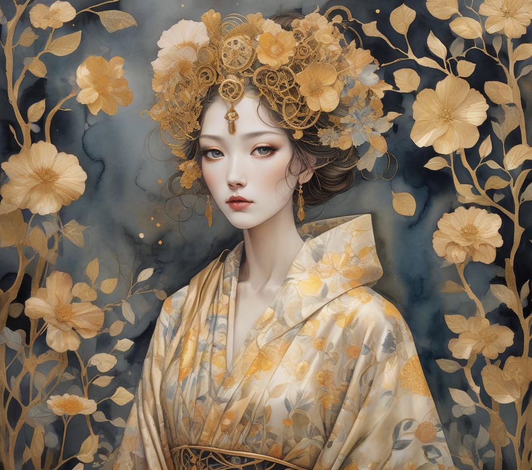  watercolor painting a mystical artwork with a female figure adorned with floral headpiece and golden attire, exuding an ethereal, otherworldly charm. imagine an intricately detailed image of a steampunk geisha, her vivid eyes with a dreaming look sparkle beneath long lashes. she is dressed in a gossamer silk kimono, embodying high contrast and decorative designs reminiscent of the art deco era. the portrait seamlessly integrates a mixed media collage approach for added dimension and texture. it pays homage to the flat, decorative patterns and vivid, unnatural colors championed by the symbolist movement (gustav klimt) and pre raphaelite (botticelli) artists, rendered with the depth and richness of oil painting. elements of kintsugi, using g