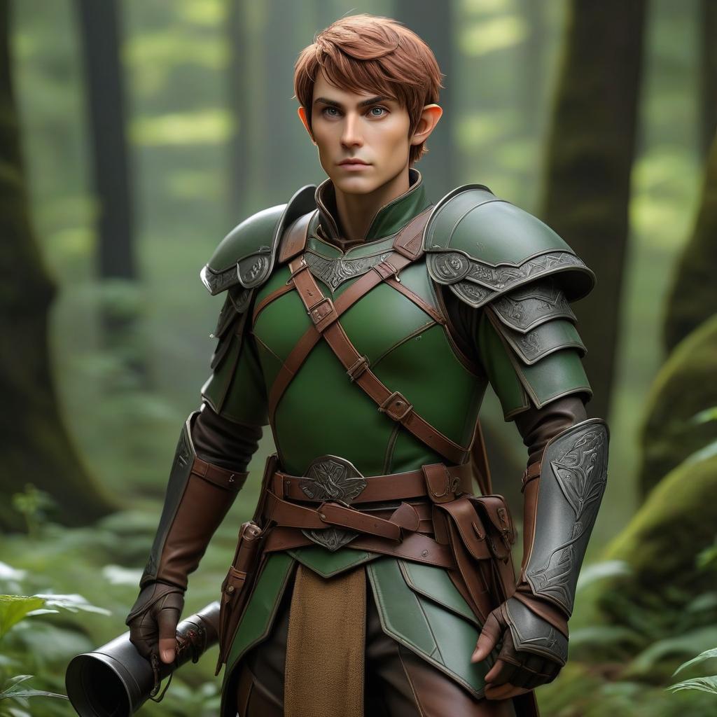  half elf with short hair salad color growth of 174 cm and weight of 86 kilograms full build with small hiking bags in leather armor hyperrealistic, full body, detailed clothing, highly detailed, cinematic lighting, stunningly beautiful, intricate, sharp focus, f/1. 8, 85mm, (centered image composition), (professionally color graded), ((bright soft diffused light)), volumetric fog, trending on instagram, trending on tumblr, HDR 4K, 8K