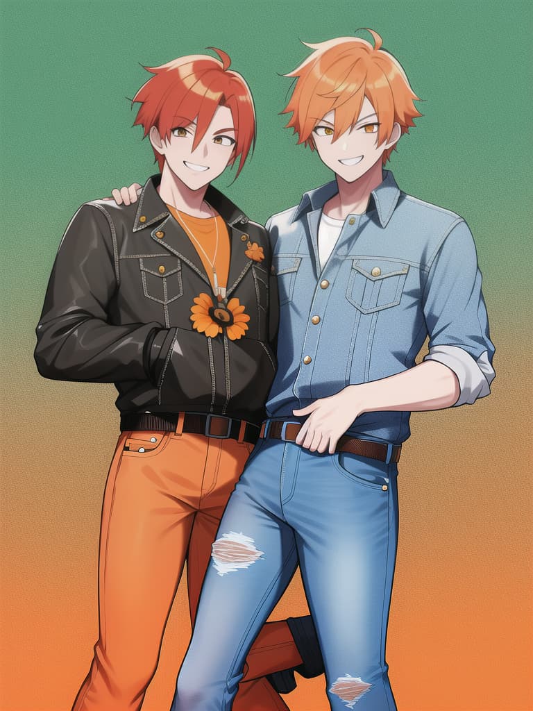  Boys, orange hair, Genki, Peace, Parker, Jeans, Poses, Peace, Smile, masterpiece, best quality,8k,ultra detailed,high resolution,an extremely delicate and beautiful,hyper detail