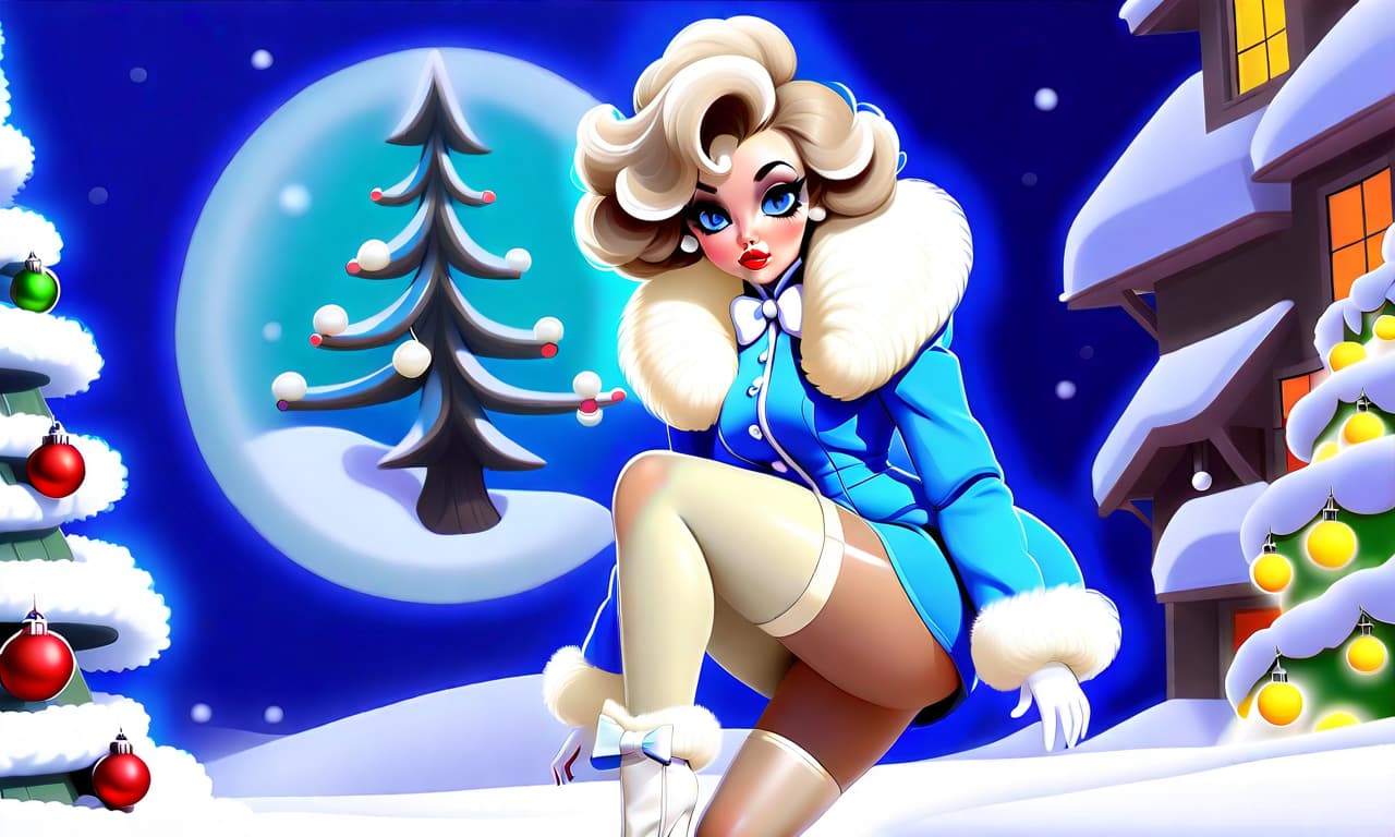  kawaii style "create a painting in the pin up style featuring a young woman with a cute face and makeup. she has light hair styled with large white bows on the sides, from which curly hair flows down. the woman is dressed in a short blue fur coat with a fluffy white fur collar, which accentuates her figure. her arms are extended along her body to mid thigh, with her wrists flared out to the sides. she wears nylon stockings and long white leather high heeled boots, standing as if on her toes. the scene depicts her standing straight in the snow, appearing to shiver from the cold, surrounded by snow and snowdrifts. to her right, there is a fluffy green christmas tree adorned with colorful ornaments and twinkling lights. the snow sparkles and g