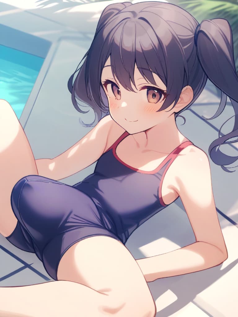  women's elementary students (male), twin tails, cute smiles, (rich s), low stature, dark blue swimwear, old swimwear, , simple (upward), male , (bulge), shaped clear , front , whole body, pool side,