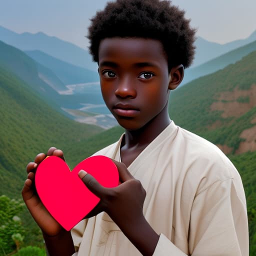  Fair skin Ghanaian boy holding a heart in his hands on a mountain