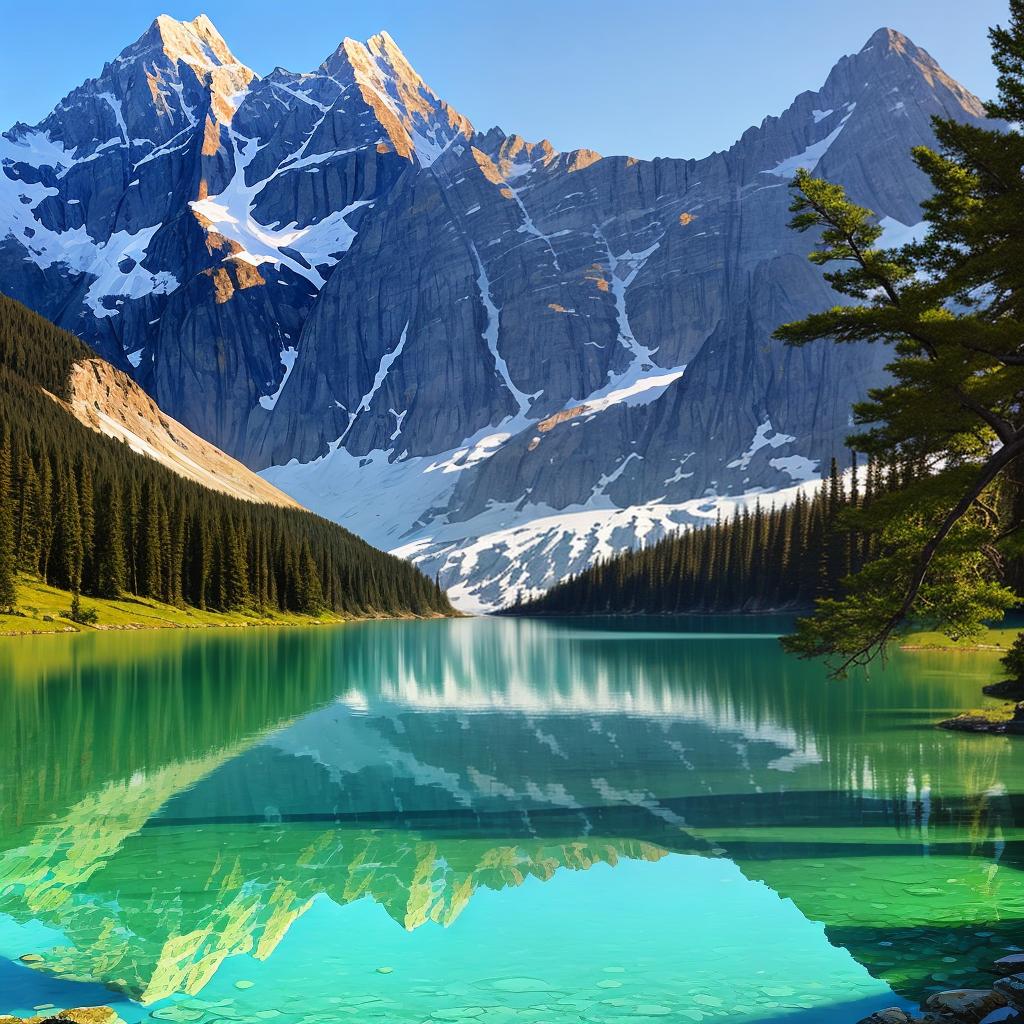  as a painting, Convey the serene majesty of towering mountains reflected in the crystal-clear waters of a tranquil alpine lake, using your unique artistic vision to evoke a sense of awe and tranquility.