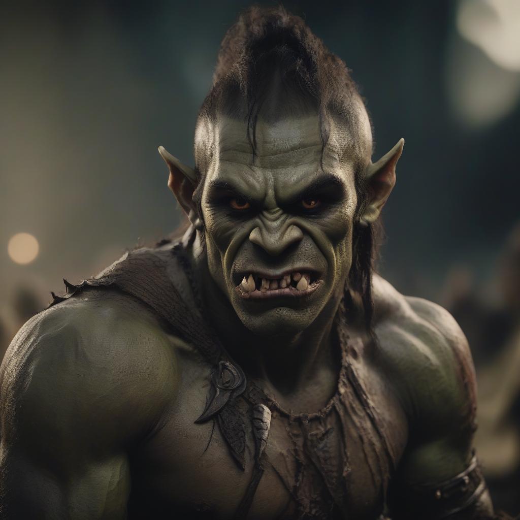  cinematic film still orc, 18, skinny, dark skin, fangs, brown eyes, . shallow depth of field, vignette, highly detailed, high budget, bokeh, cinemascope, moody, epic, gorgeous, film grain, grainy