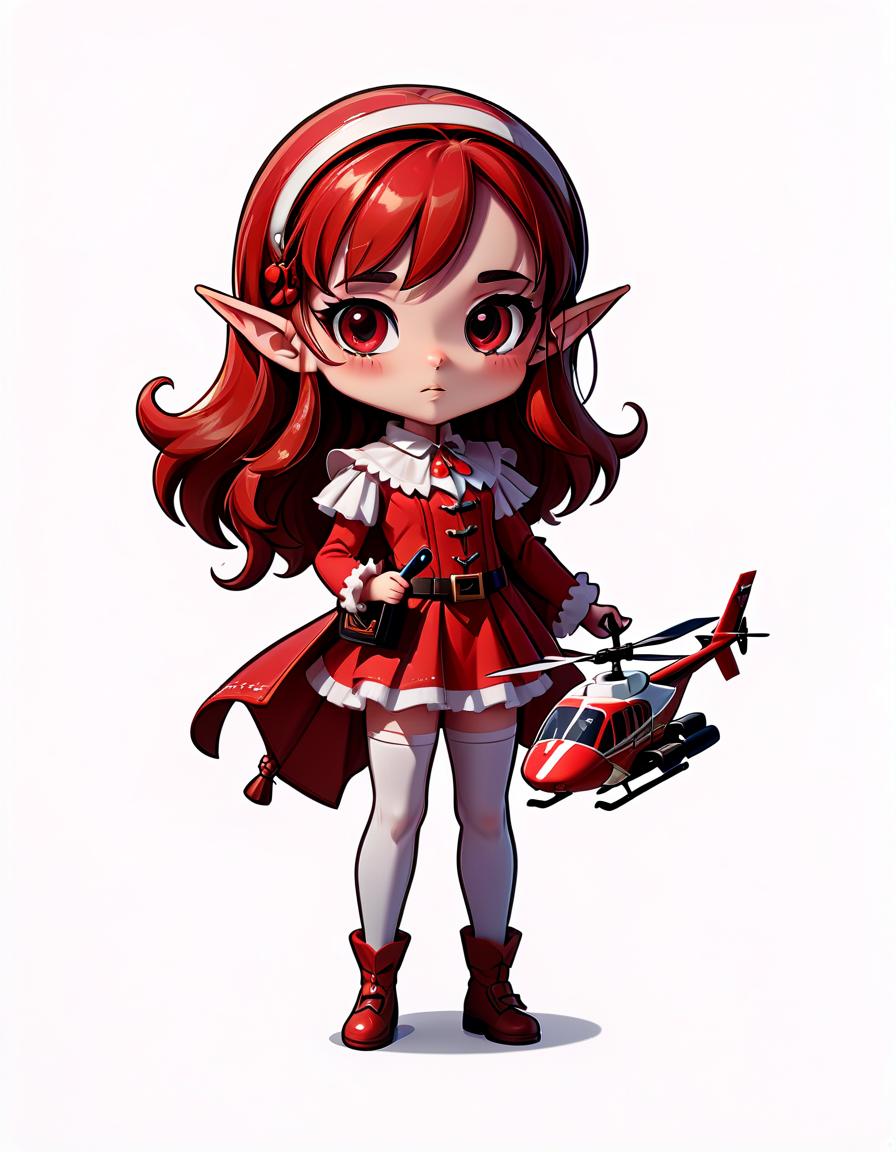  cute young elf magician, in a red dress, holding a toy radio controlled helicopter, with long red hair, cartoon sticker style with clear lines on a pure white background, suitable for video games, civitai, sticker