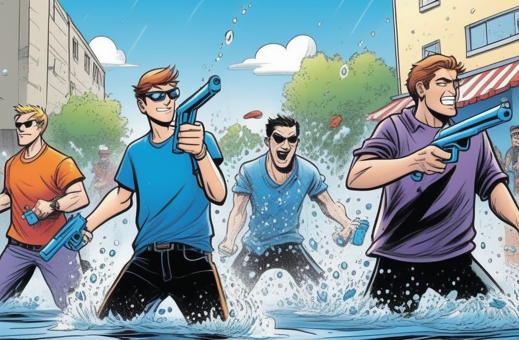  comic people with water pistols. summer day. splashes of water ar 3:2, graphic illustration, comic art, graphic novel art, vibrant, highly detailed