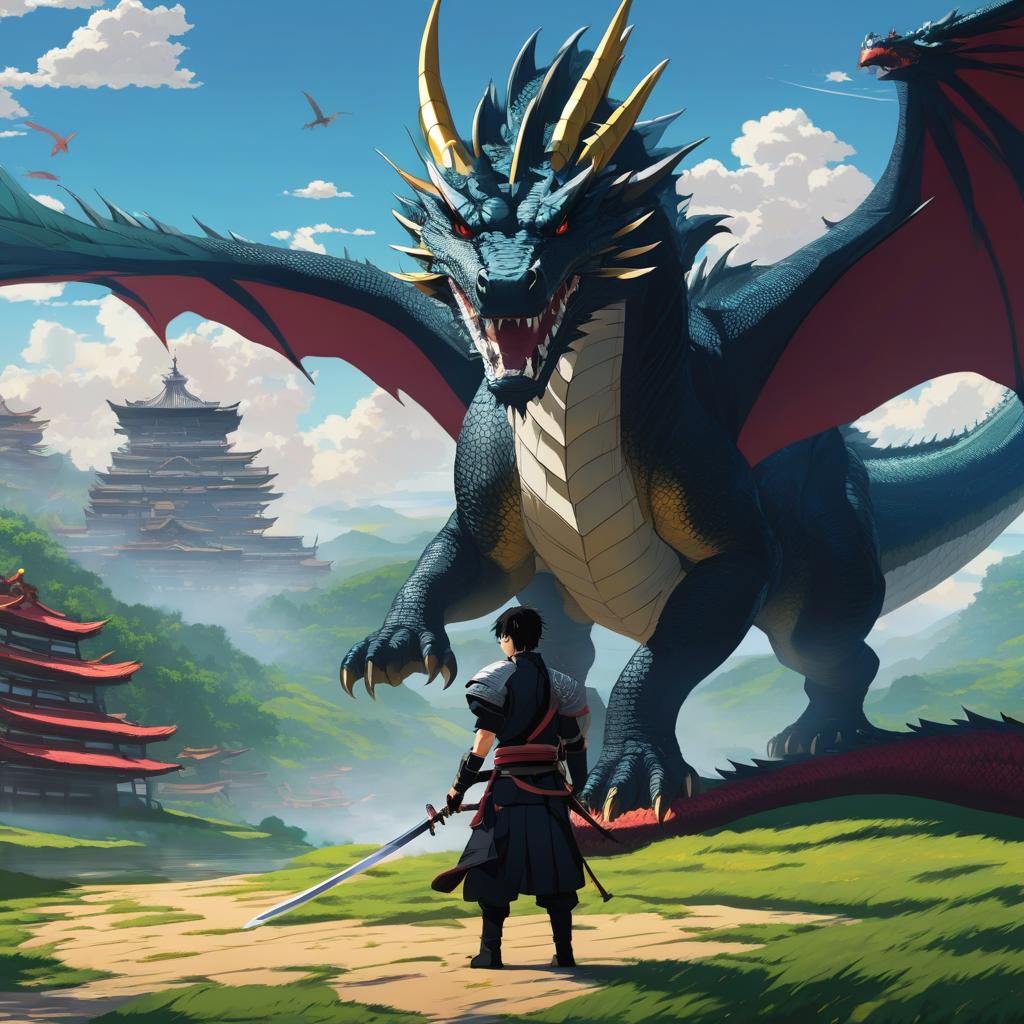  1 man in modern clothes with katana in front of huge dragon, anime artwork, anime style, key visual, vibrant, studio anime, highly detailed