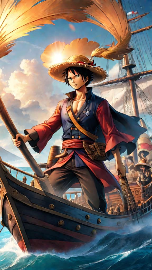  an anime art showing the straw hats on a powerful warship, symbolizing a shift towards power over friendship in one piece. hyperrealistic, full body, detailed clothing, highly detailed, cinematic lighting, stunningly beautiful, intricate, sharp focus, f/1. 8, 85mm, (centered image composition), (professionally color graded), ((bright soft diffused light)), volumetric fog, trending on instagram, trending on tumblr, HDR 4K, 8K