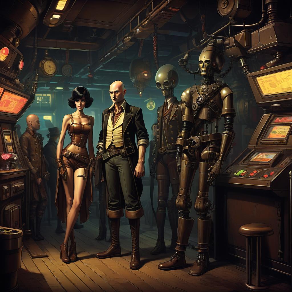  retro game art a group of smugglers, a small man, 40 year, ben needle, small, candy, bald, black. a young , 20 year, medium sized s, graceful thin waist, long slender legs, black hair, droid, minotaur. full length image, steampunk, dieselpunk, paropunk, stand in a futuristic tavern. . 16 bit, vint colors, pixelated, nostalgic, charming, fun