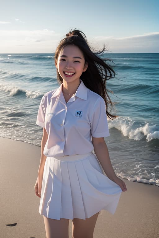  photo of a cute standing on the beach with the sea as the background. she wears a colorful and smiles at the sunlight. the wind blows through her hair, and the waves crash against the shore., ((mathayom uniform)),black pleated ,white shirt short sleeves,the photograph has a cinematic quality to it, with dramatic lighting that emphasizes the beauty of the model advertising photo,high quality, good proportion, masterpiece , the image is captured with an 8k camera