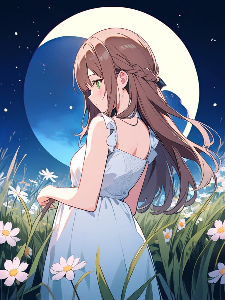  masterpiece,(pink,light blue,green,white,brown pastel watercolor style:1.5),(full moon night:1.5)(cosmos flowers and silver grass:1.7),( beautiful girl),(green eye color:1.5)(long brown hair:2.0) (in white dress:1.5)high resolution,8k