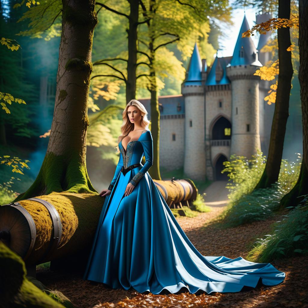  a beautiful with a beautiful figure and a , with a nice face, with blue eyes and a prone look, is worth a full rise, , in the woods in the back of the medieval castle hyperrealistic, full body, detailed clothing, highly detailed, cinematic lighting, stunningly beautiful, intricate, sharp focus, f/1. 8, 85mm, (centered image composition), (professionally color graded), ((bright soft diffused light)), volumetric fog, trending on instagram, trending on tumblr, HDR 4K, 8K