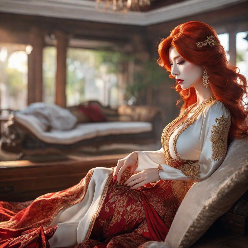  20 red head woman, with large , laying , seen from behind, ((anime)) hyperrealistic, full body, detailed clothing, highly detailed, cinematic lighting, stunningly beautiful, intricate, sharp focus, f/1. 8, 85mm, (centered image composition), (professionally color graded), ((bright soft diffused light)), volumetric fog, trending on instagram, trending on tumblr, HDR 4K, 8K