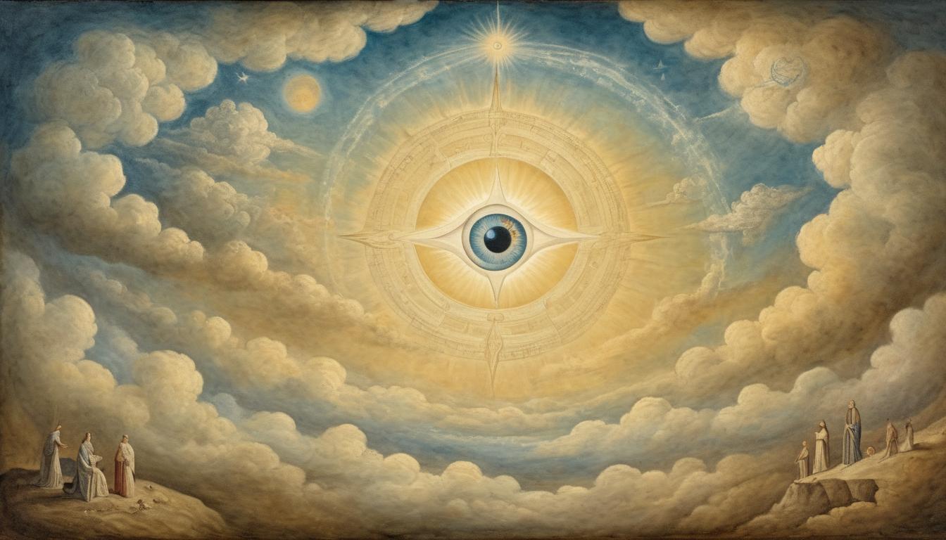  on parchment, surrealism++, a divine eye in the sky, radiant rays, celestial clouds, omnipresence, divine guidance, watchful presence(mysterious, provocative, symbolic)++