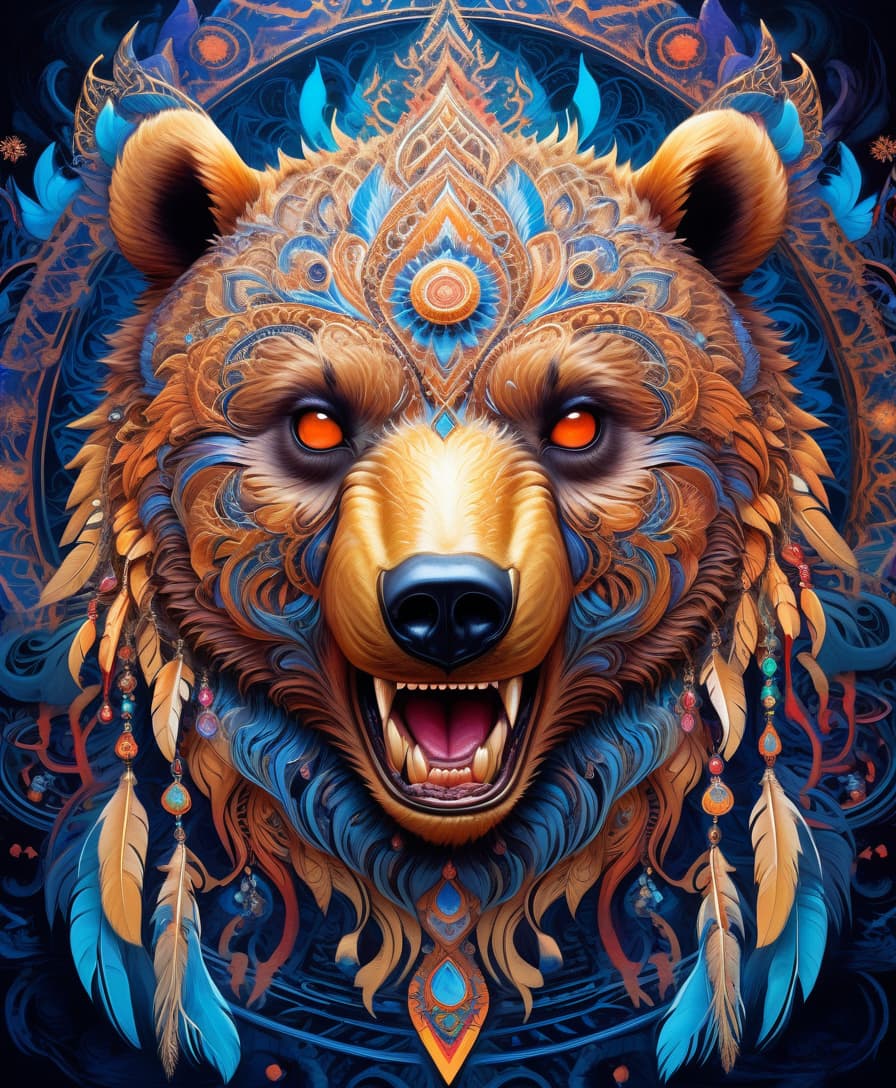  abstract expressionist painting masterpiece, hdr 8k, digital image. conceptual art. (a bear with a bared mouth full of sharp fangs, appearing in ancient russian ethnic ornaments that make up a symmetrical mandala consisting of an endless forest, a wide flowing river and majestic mountains, the mandala is decorated with a fantastic ice pattern). abstract elements: crystals, beads, feathers. the effect of dissolving the natural shades of fur in sky waves. filigree finishes, mysterious neon glowing accents, intricate. stylization. neo rococo style. stylish, dynamic, atmospheric. high detail. high quality. hdr. . energetic brushwork, bold colors, abstract forms, expressive, emotional, perfecteyes, hkmagic